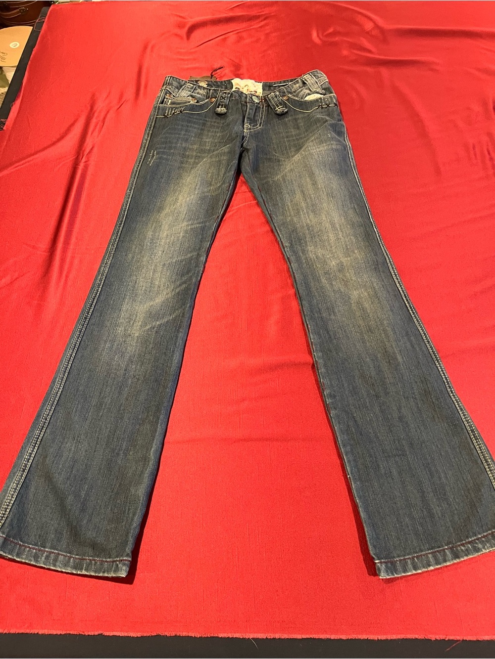 Women's Mid-Rise Bootcut Jeans - Faded Blue with Embroidery
